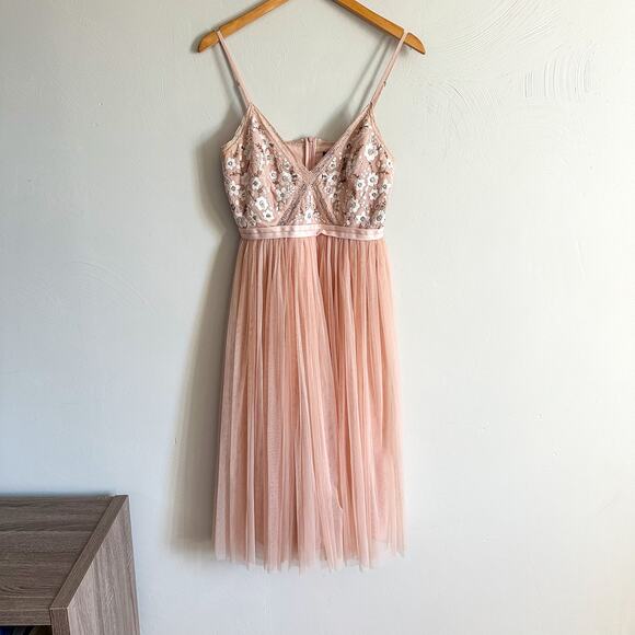 Needle & Thread Pink V-Neck Floral Embroidered Tulle Midi Dress - Picture 3 of 11